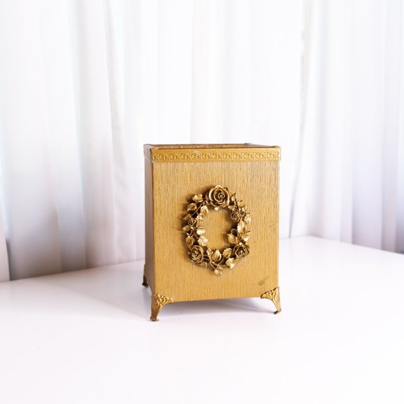 [ SOLD ] Vintage Ormolu Gold Tone Tissue Box Holder Hollywood Regency Style Rose - Picture 3 of 11